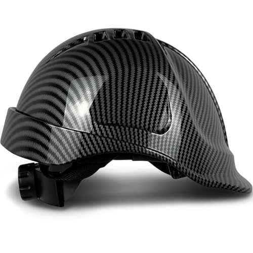 Hard Hat Construction Work Caps OSHA Approved Safety Helmet Industrial Carbon Fiber Pattern HardHats 6 Point Adjustable Suspension ANSI & AS/NZS& CE (Bright Black Hard Hat)
