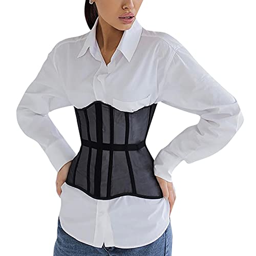 JUMISEE Corsé de malla transparente con cordones para mujer, corsé sexy con huesos, vendaje de tubo, parte superior corta de cintura, cinturón ancho, Negro -, M
