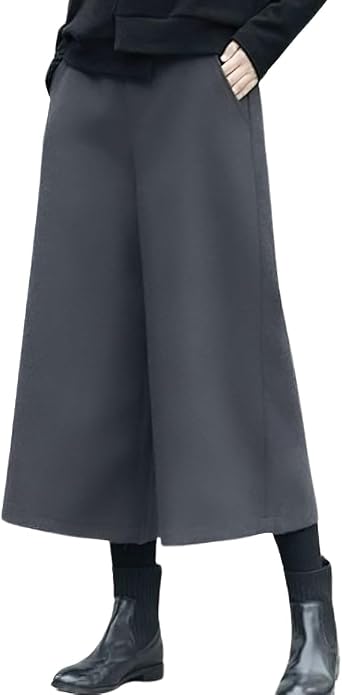 chouyatou Womens Fall Wool Blend Culottes Capri Cropped Pants Elastic High Waist Wide Leg Palazzo Trouser