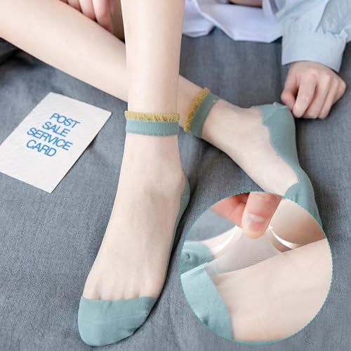 Image of FuninCrea 6 Pairs Sheer Socks, Summer Mesh Socks for Women Girl, Breathable Lace Socks Thin Cute Ruffle Socks (M, Blue+Khaki), 3T