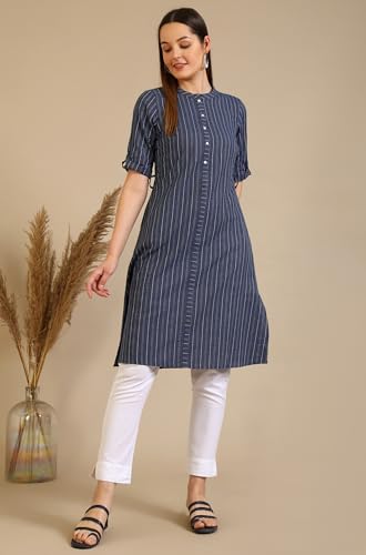 Image of Aurelia Women's Blue Striped Pure Cotton Mandarin Collar Straight Kurta