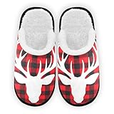 Dussdil Merry Christmas Deer Head Buffalo Plaid House Slippers Reindeer Xmas Home Spa Slippers Memory Foam Closed Toe Slipper Non Slip for Hotel Bedroom Travel Shoes Women Men M