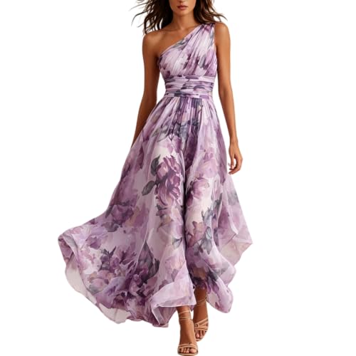 Floral Chiffon Halter Maxi Dress Wedding Guest Dress for Women (XX-Large,Purple One-Shoulder)