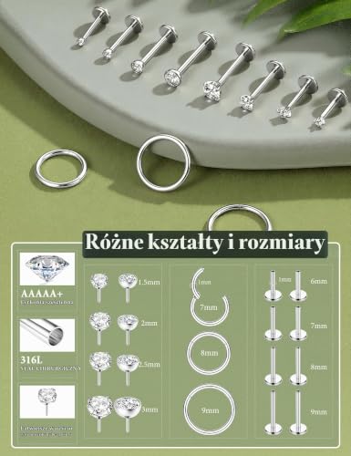 CASSIECA 11szt. zestaw kolczyków do nosa, hipoalergiczne, stal chirurgiczna, bez gwintów, labret, piercing helix, chrząstka, tragus, piercing wargi, 16/18/20G, 7mm, 8mm, 9mm, Stal nierdzewna