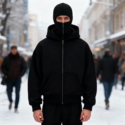 Balaclava Hoodie with Built-In Face Mask, Double-Hood Zip Jacket, Wind-Resistant Winter Hoodie for Men - Image 7