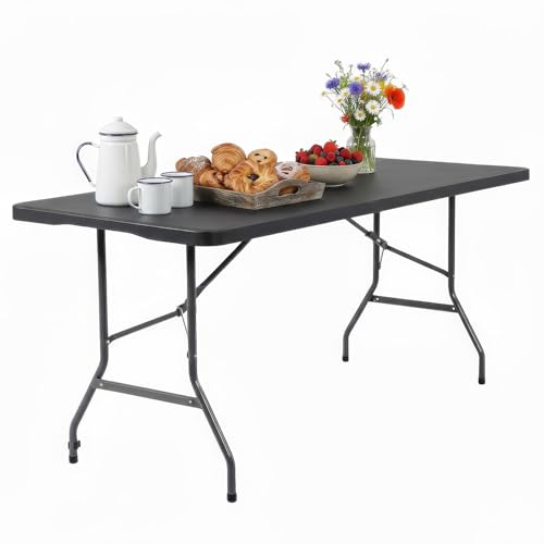 FDW 6FT Folding Table, Portable Fold-in-Half Plastic Picnic Party Table with Carrying Handle （Black, 6FT）