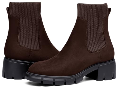 Ruanyu Womens Platform Ankle Boots Elastic Chunky Block Heel Chelsea