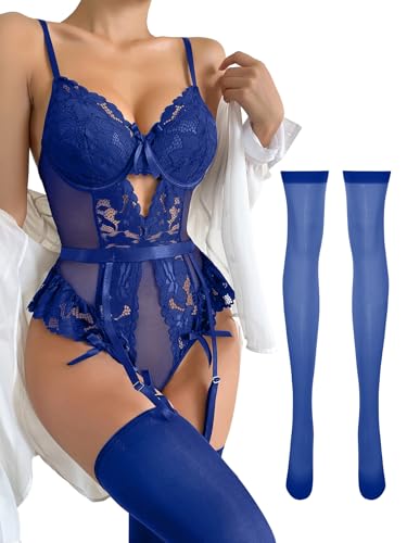 Image of Lilosy Sexy Stocking Lace Mesh Bodysuit Top Underwire Garter Lingerie Set 3 Piece