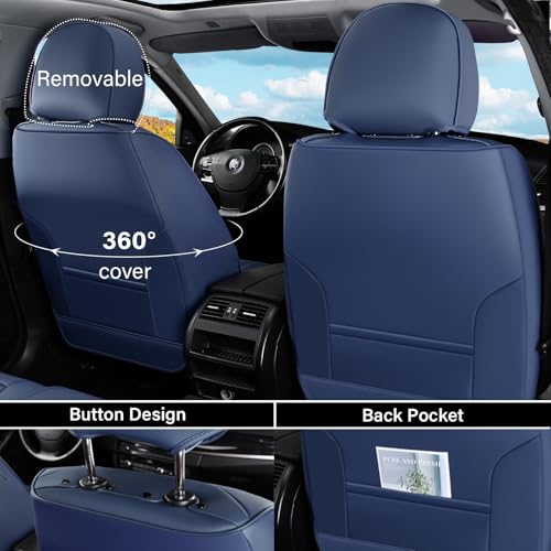 Image of Coverado Car Seat Covers Full Set, 5 Piece Car Seat Protector with Lumbar Support & Removable Headrest, Breathable Leather Front Rear Seat Cushion Universal Fit for Truck Automotive Blue