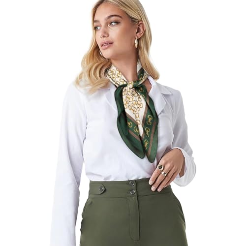 Relang Fashion silk Satin Head Scarf for Women Hair Bandana Hair Scarf Wrap Neck Scarf for Women 27.5×27.5 inches Gold Green Horseshoe Buckle