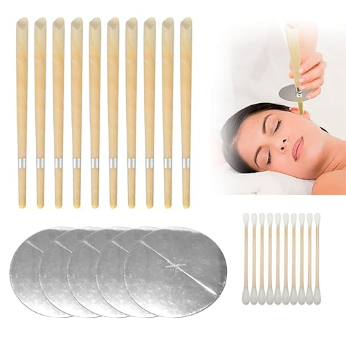 10 Pcs Natural Beeswax Ear Candles, Ear Wax Removal Kit with 5 Drip Protector Disks and 10 Cotton Swabs, Safe Candling Cones for Blocked Ears, Relaxation, and Gentle Cleaning