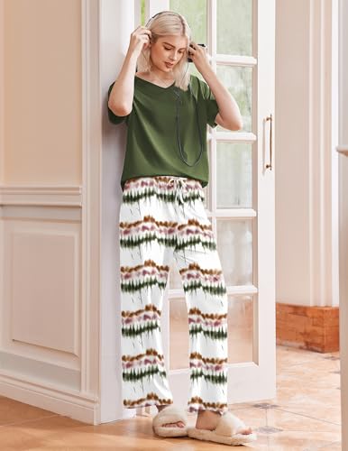 Image of Ekouaer Pajama Sets for Women 2 Piece Lounge Set Short Sleeve Tops and Long Pants Soft Comfy Pjs Sleepwear Outfits S-XXL