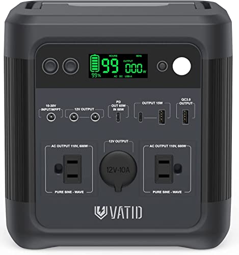 VATID Portable Power Station,600W 518Wh (Surge 1000W) Solar Generator,3.5hrs 100% Recharge,110V AC,12V Regulated DC,65W USB PD,Pure Sine Wave,Rechargeable Power Station,Black