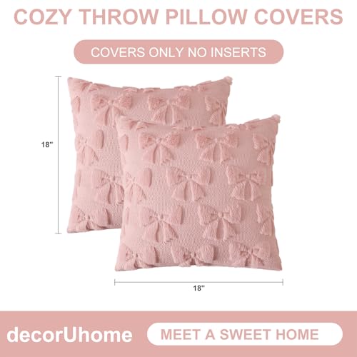 Image of decorUhome Pink Bow Pillow Covers Set of 2 Coquette Aesthetic Cute Preppy Plush Faux Pillowcases for Girly Bedroom or Couch 18x18 Inch
