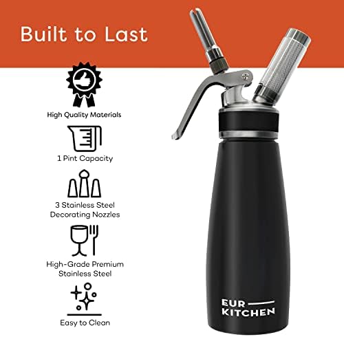 EurKitchen 100% Full Stainless Steel Professional Grade Whipped Cream Dispenser - 500ml Chef's Gourmet Cream Whipper (Black) - Use Standard 8 Gram N2O Chargers (Not Included)