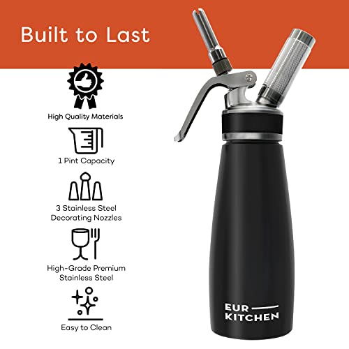 Eurkitchen Stainless Steel Professional Whipped Cream Dispenser - 3 Stainless Steel Nozzles & Cleaning Brush - Leak-Free Whip Cream Maker Canister - 1Pint Cream Whipper - N2O Charger (Not Included) #TOP4
