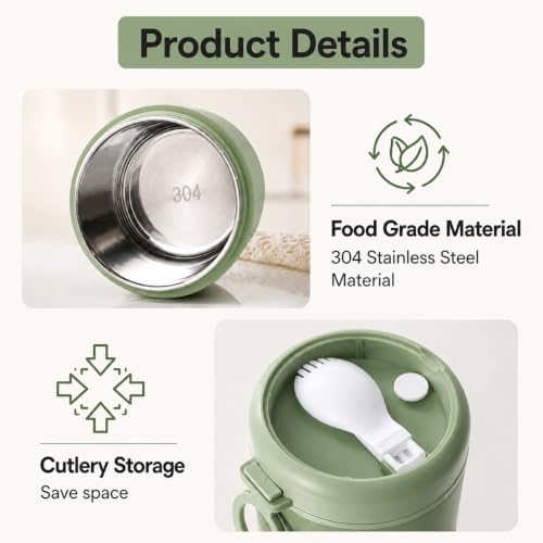 Image of 530ml Insulated Lunch Pot with Built-in Spoon | 304 Stainless Steel Food Jar, Double Wall Thermal Insulation | Leakproof Soup Container | Bento Box for Office, School & Travel - Green