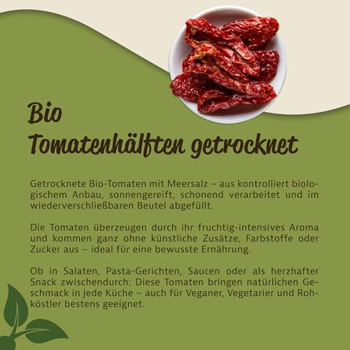 Mynatura Bio Tomatenhälften getrocknet I Tomaten halbiert I Sonnengetrocknet I Pflanzlich I Naturprodukt I Salat-Tomaten I Beutel (1000g)
