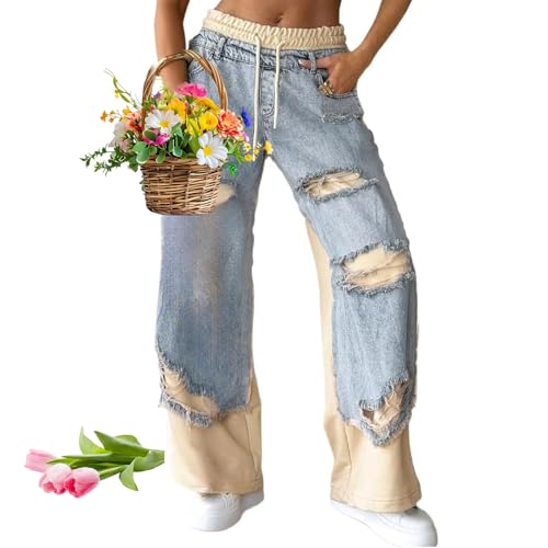 Women's Denim Trousers with Stitching and Ripped Design, High Waisted Cute Drawstring Ripped Patchwork Jeans