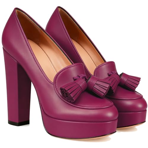 Image of SHODENSE Women Vintage Chunky Platform Loafers Pumps Tassel Round Closed Toe Slip On Suede Block High Heel Dress Loafer Shoes Buckle Strap Oxford Loafers Fringe Pump Dressy Chic Sexy Y2k 4-11 M US
