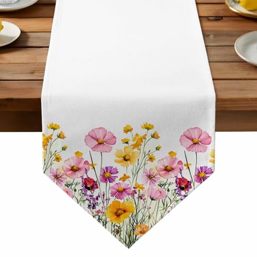 Botanical Flowers Table Runner Linen Burlap Table Runner 48 Inches Long Rustic Seasonal Blooms Floral Herbs Dresser Scarves for Kitchen Island Coffee Dining Room Party Wedding Holiday Decor 13'x48'