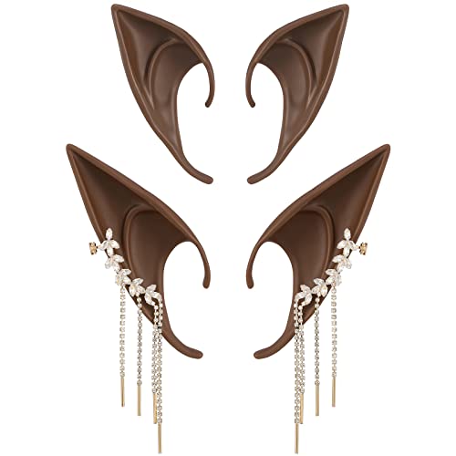 Oreilles d'elfe marron en cuir et métal doré pour femme cosplay