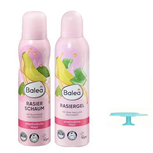 Balea 2er-Set: Rasiergel Aloe Vera & Avocadoöl 200 ml + Rasierschaum Avocadoöl & Vitamin E 150 ml + Bonus : Silikonschwamm für glatte gepflegte Haut