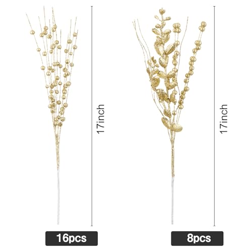 CristBest 24-Pack Christmas Tree Picks Ornaments, Artificial Glitter Berry Stem Glittery Twigs Ornaments for Christmas Tree Decorations, Small Vase, Holiday, Wedding, Party Decorations (Gold) - image 2