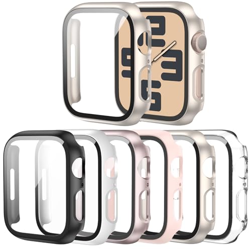 Cuteey 6 Pack Case for Apple Watch 44mm SE 3 2025 SE 2/SE/Series 6/Series 5/Series 4 with Built-in Tempered Glass Screen Protector, Full Protective Bumper PC Cover for Apple Watch 44mm Accessories