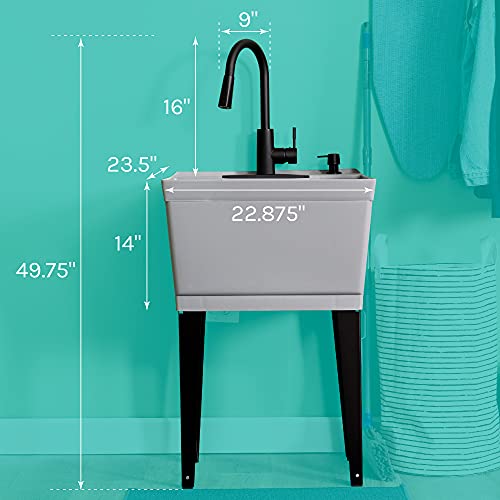 Image of Grey Utility Sink Laundry Tub With High Arc Black Faucet By VETTA - Pull Down Sprayer Spout, Heavy Duty Slop Sinks For Washing Room, Basement, Garage, or Shop, Free Standing Tubs