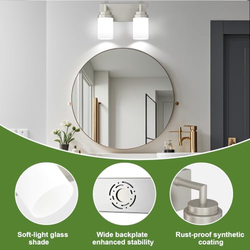 Image of Bathroom Light Fixtures, Brushed Nickel Bathroom Lighting Fixtures Over Mirror, Modern Vanity Light with White Glass Shade, Restroom Lighting Fixtures, 2-Light 13-inch