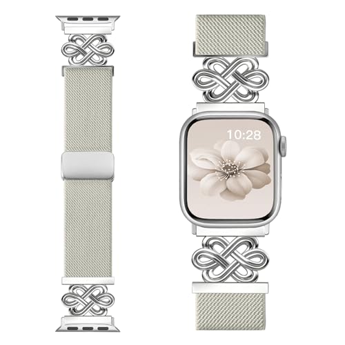 Chinber Stretchy Solo Loop Band Compatible with Apple Watch Bands for Women Men 40mm 38mm 41mm 42mm, Magnetic Soft Nylon with Designer Interlock Buckle Band for iWatch Series 10/9/8/7/6/5/4/3/2/1/SE