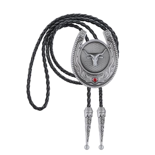 Image of Jeilwiy Bolo Tie for Men, Western Cowboy Golden Longhorn Bull Eagle Horse Cowboy Hat Bolo Necklace Leather Necktie for Women