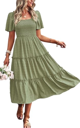 Women's Casual Summer Dress 2025 Square Neck Flutter Sleeve Smocked Tiered Midi Dress Swiss Dot Boho Flowy Dresses