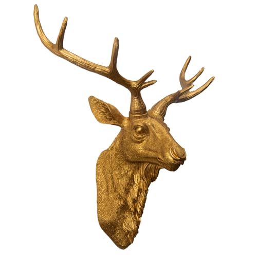 Kongkee Faux Deer Head Wall Mount Resin Deer Head Wall Decor Animal Head Wall Sculpture for Rustic Farmhouse & Western Room Decor (Gold)