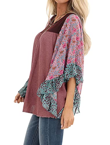 Casuress Womens Floral Printed 3 4 Sleeve Shirt Batwing Loose Tops Blouses Pullover (Small, Type 3) #TOP1