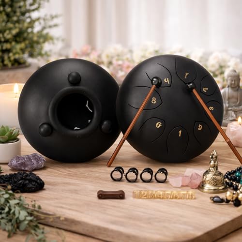 Image of LUXONIX Steel Tongue Drum 6 Inch 8 Notes | Handpan Percussion Instrument for Meditation, Yoga, Music Education & Healing | Includes Bag, Mallets, Music Book & Accessories (Black)