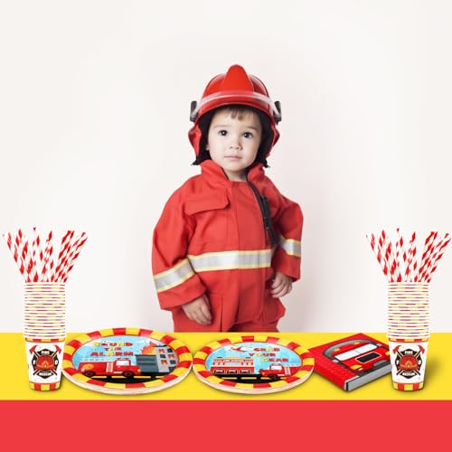 Recheel Firetruck Birthday Party Supplies Decorations, Fire Truck Theme Paper Plates and Napkins Set for 24 Guests, 120 Pcs Disposable Firefighter Party Dessert Dinnerwares by Recheel - Used condition - Image 6