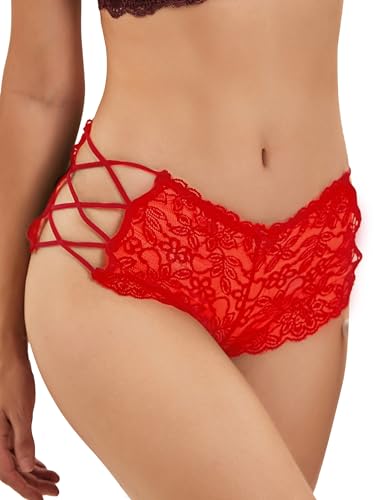 Image of Lace Thongs Women French Knickers High Waisted Underwear Cheeky Tanga with Cotton Crotch Knickers Bikini Briefs Red 16