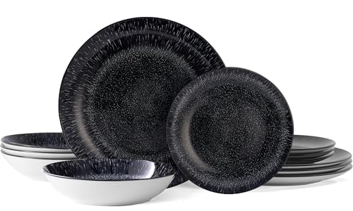 Image of Bestone 12-Piece Round Porcelain Dinnerware Set, Service for 4, Chip Resistant Plates and Bowls,Black, Dishwasher & Microwave Safe for Home Daily Use
