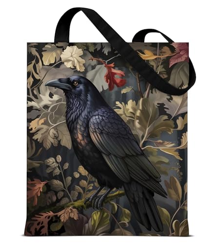 Funny Black Raven Canvas Tote Bag for Women Girls Vintage Victorian Crow Grocery Shoulder Bag for Shopping Bird Lover Gifts
