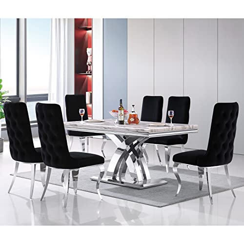 Azhome Dining Chairs, Black Velvet Upholstered Dining Room Chairs In Buttons Tufted Backrest, High Back Heavy Duty Dining Chair With Silver Mirrored Stainless Steel Legs, Set Of 6 #TOP4