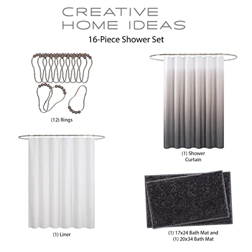 Creative Home Ideas – Ombre Bathroom Decor Set | 16 Pieces | Includes Shower Curtain, Liner, 2 Chenille Bathmats And 12 Hooks | Measures 70" X72" | White/Linen/Grey #TOP1