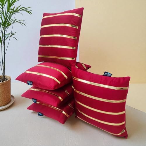 Image of Zikrak Besur Gold Stripe On Velvet|Pack of 5 Cushion Cover|for Home Decoration|Living Room Decor|Hotel Premeuim Quality Cushion Cover|Exclusive ON Amazon (Maroon, 16 X 16 INCH(40 X 40 CM))