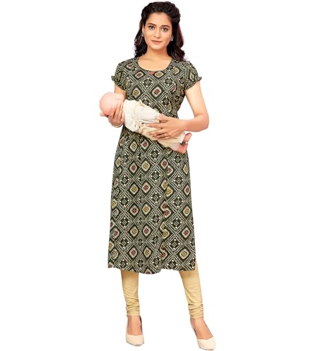 Image of RITIJYA Maternitywear Poly Viscose Straight Feeding Kurtis for Women with Zip | Maternity Dress for Nursing & Pregnancy (9089 40,Energetic Green)