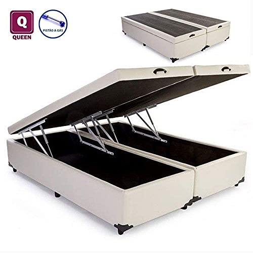 Cama Box QUEEN SIZE com Bau Pistão a gás corino bege Bipartido - 158x198x27
