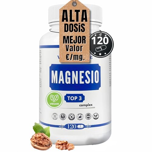 Magnesio Complex Puro | Alta Dosis - Mejor valor €/mg - Citrato + Bisglicinato + Óxido, Magnesio 3, 120 Cápsulas Vegan - Uso Diario - Magnesium Triple Complejo, Vegano, Venice Nature