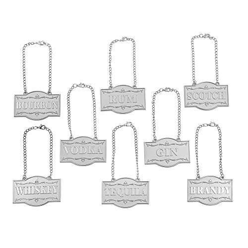 Amlong Plus Deluxe Set Of Liquor Tags For Bottles Or Decanters, Silver Color, Set Of 8 With Adjustable Chain Features (Bourbon, Brandy, Gin, Rum, Scotch, Tequila, Vodka, And Whiskey) #TOP1