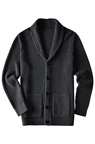 ZHILI Men's Casual Slim Thick Knitted Shawl Collar Cardigan Sweaters Pockets_Dark Grey_Medium
