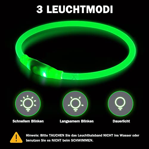 Nepfaivy Leuchthalsband Hund USB Aufladbar - Wasserdichtes Hundehalsband Leuchtend mit 3 Beleuchtungsmodi, Längenverstellbareres LED Halsband für Kleine, Mittlere und Große Hunde (Grün)